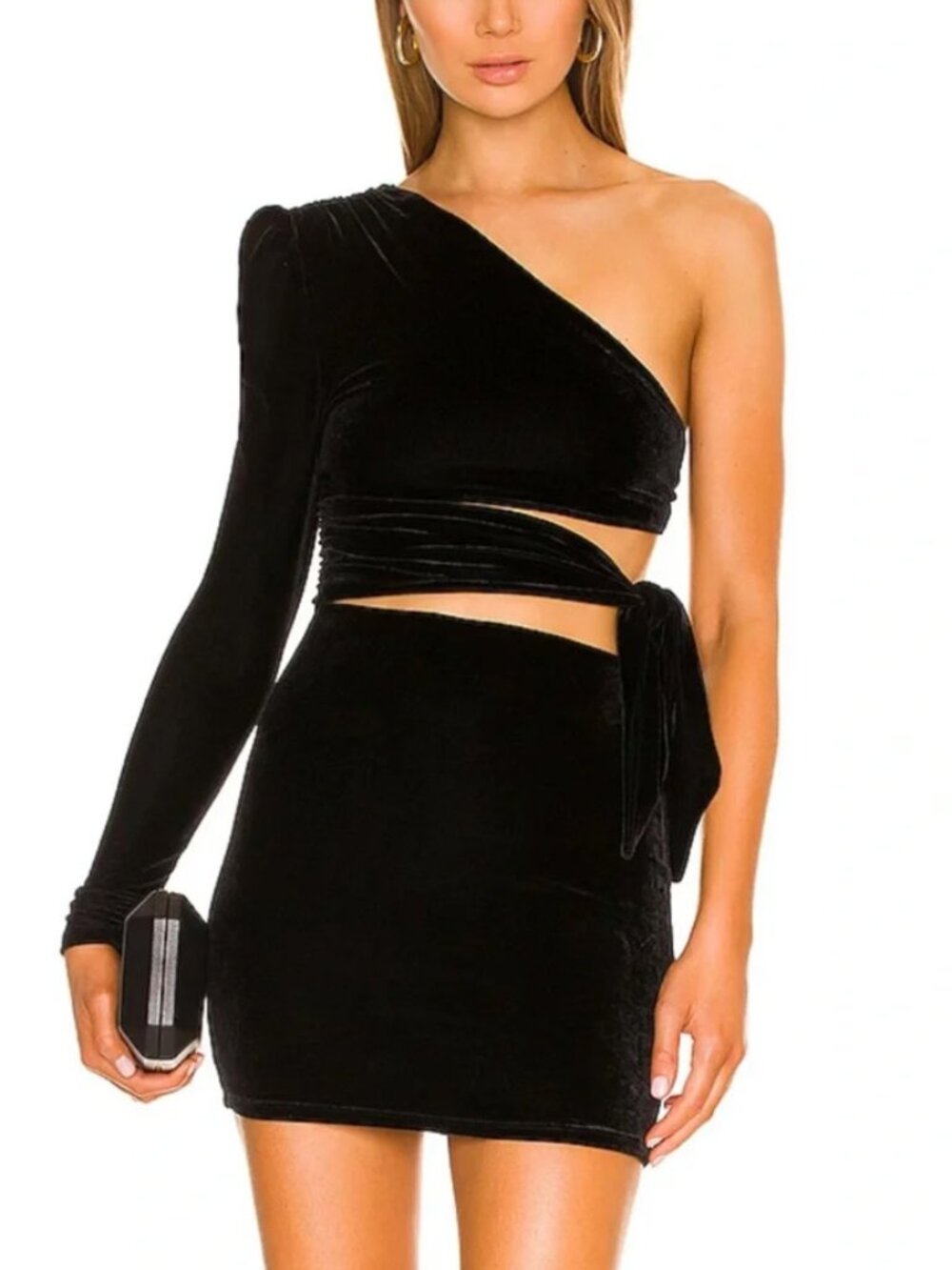 Lovers and Friends Tessa Black Velvet Cut Out One Shoulder Mini Dress